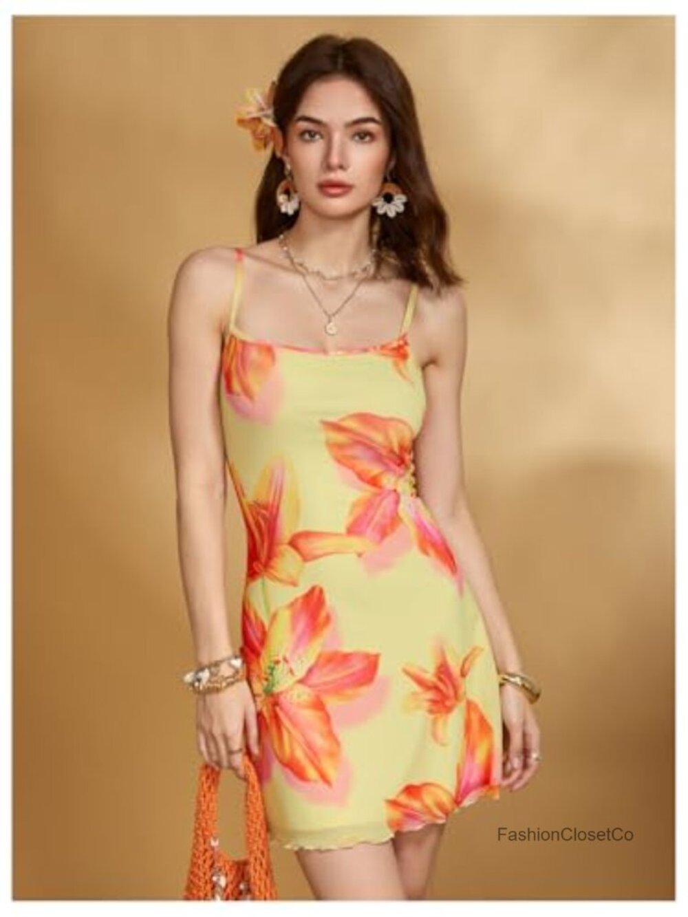 Spaghetti Strap Cowl Neck Satin Mini Dress - Tropical Print - Picture 3 of 6